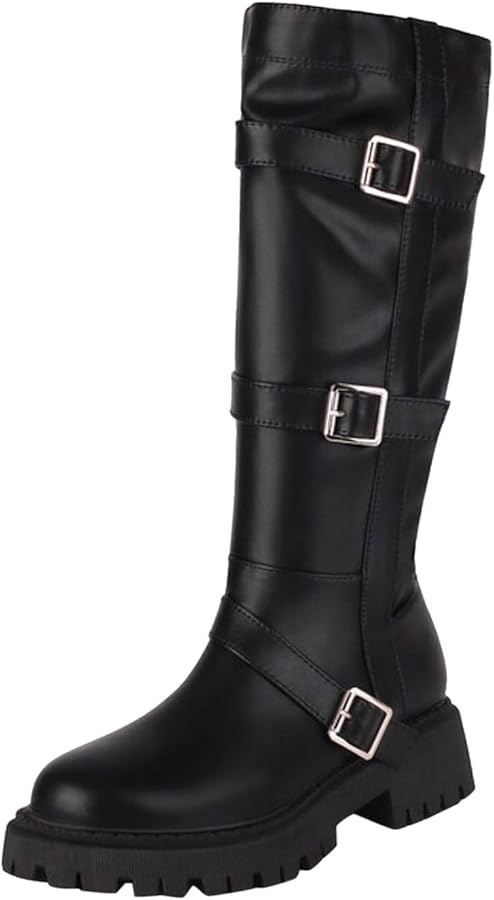 yilon Strap belt long bootsブラック Generation Y Women's Knee High Boots Strappy Buckles Combat